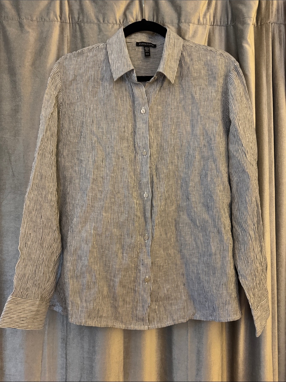 Eileen Fisher Blue and White Striped Linen Button-Up Shirt